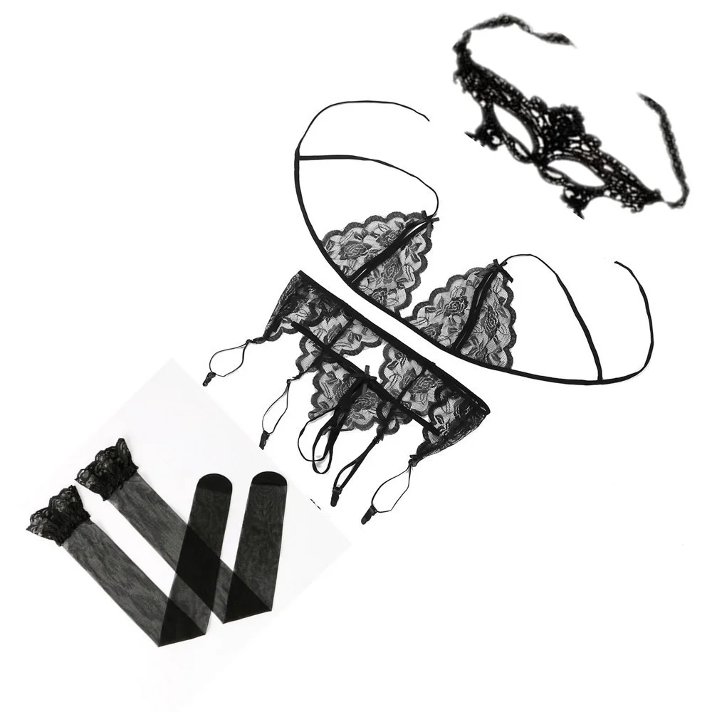 

NEWFUNJOIN 5Pcs Lace Bra and Panties Garter Belt Stockings Panty Thong See Through Bikini Lingerie Sexy Underwear Sets for Women
