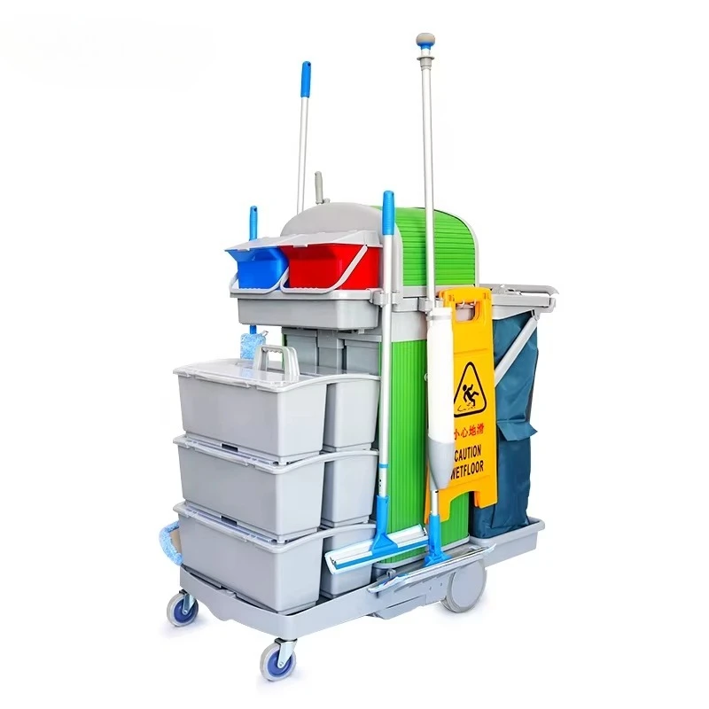 Commercial Lockable Plastic Compact Janitorial Cleaning Cart with Double Trash Bags Source Separation Feature