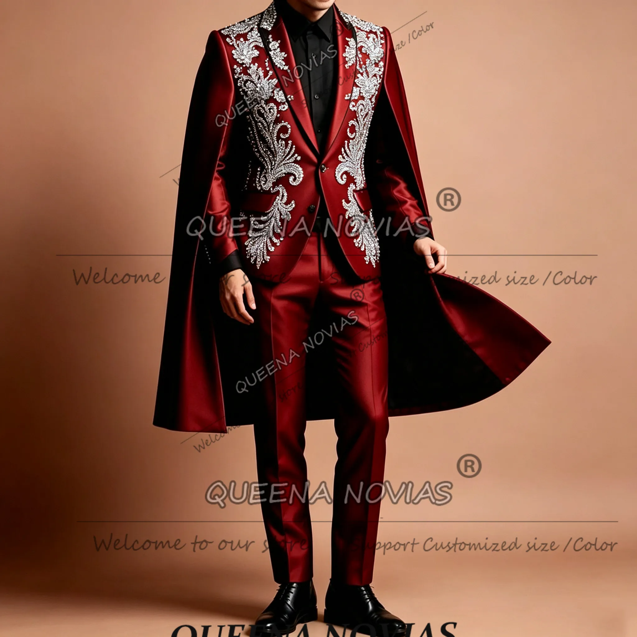 Exclusive Suits Men 2 Piece Sets Single Breated Prom Blazer With Cape Long Customized Crystals Beading Wedding Groom Tuxedos
