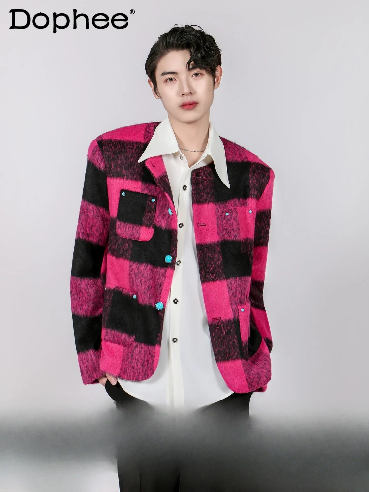 

High-end Small Fragrant Coats Men's 2024 Autumn Winter New Woolen Contrast Color Long Sleeve Jackets Splicing Shoulder Jackets