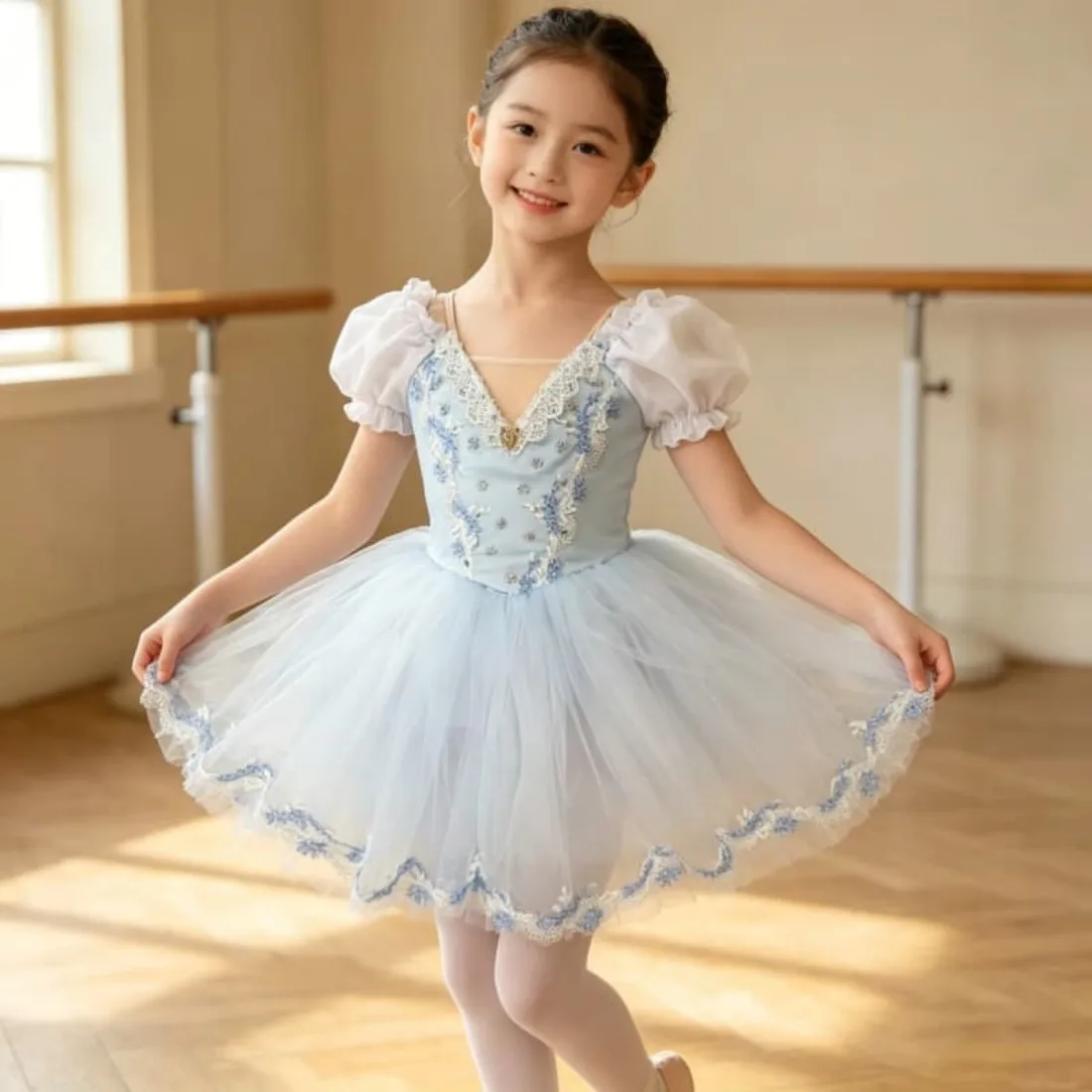 Professional Romantic Tutu Ballet Dress Embroidery Puff Sleeve Ballerina Party Dress Girl Ballet Dance Performance Costumes