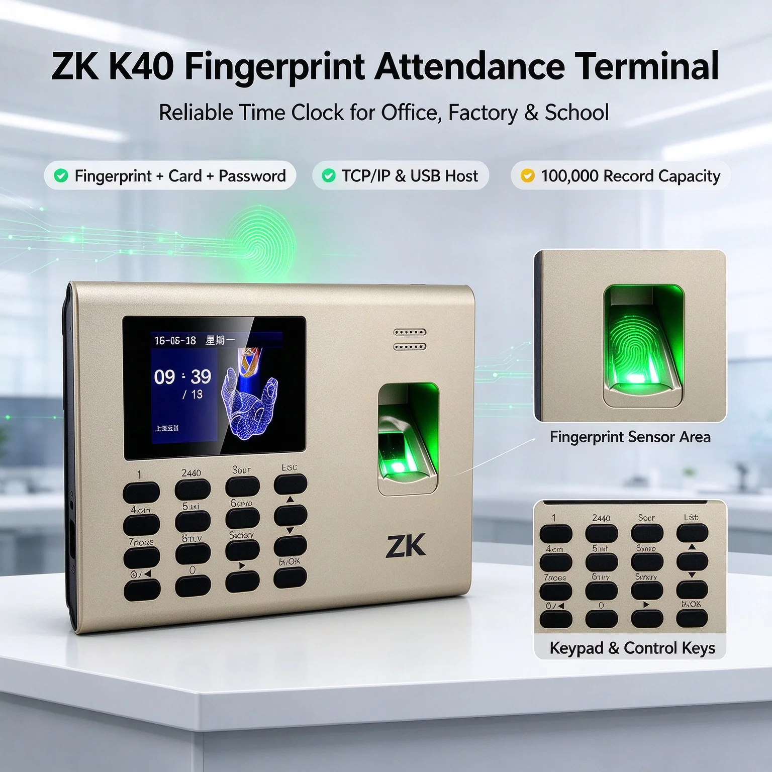 ZKTeco Fingerprint Time Attendance Machine Card Password 3 in 1 Access Control Keypad 1000 Users 100000 Records Office Factory