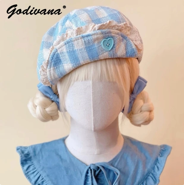 Originele Handgemaakte Kleine Apple Snoep Geborduurde Geruite Baret Nieuwe Vrouwen Lolita Caps Hoeden Meisjes Cos Baretten