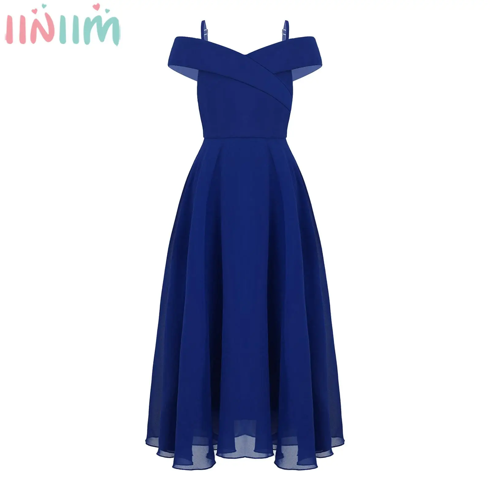 Meisjes Elegant Chiffon Party Dress Off Shoulder Verstelbare Spaghetti Strap Floor-Lengte Maxi Jurk Voor Bruiloft Verjaardag Avond