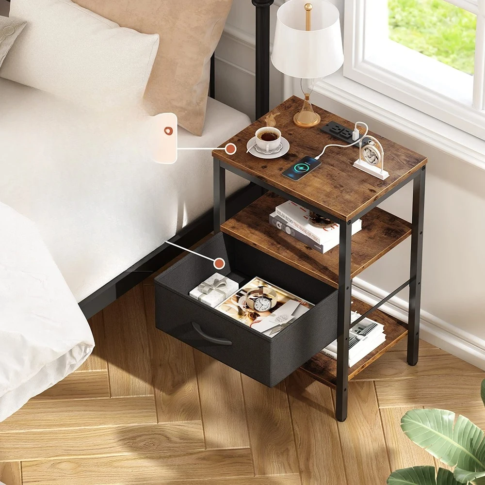 #For Bedroom 3-tier Adjustable Storage Fabric Drawer Nightstand USB Ports and Power Sockets Bedside Table With Charging Station*
