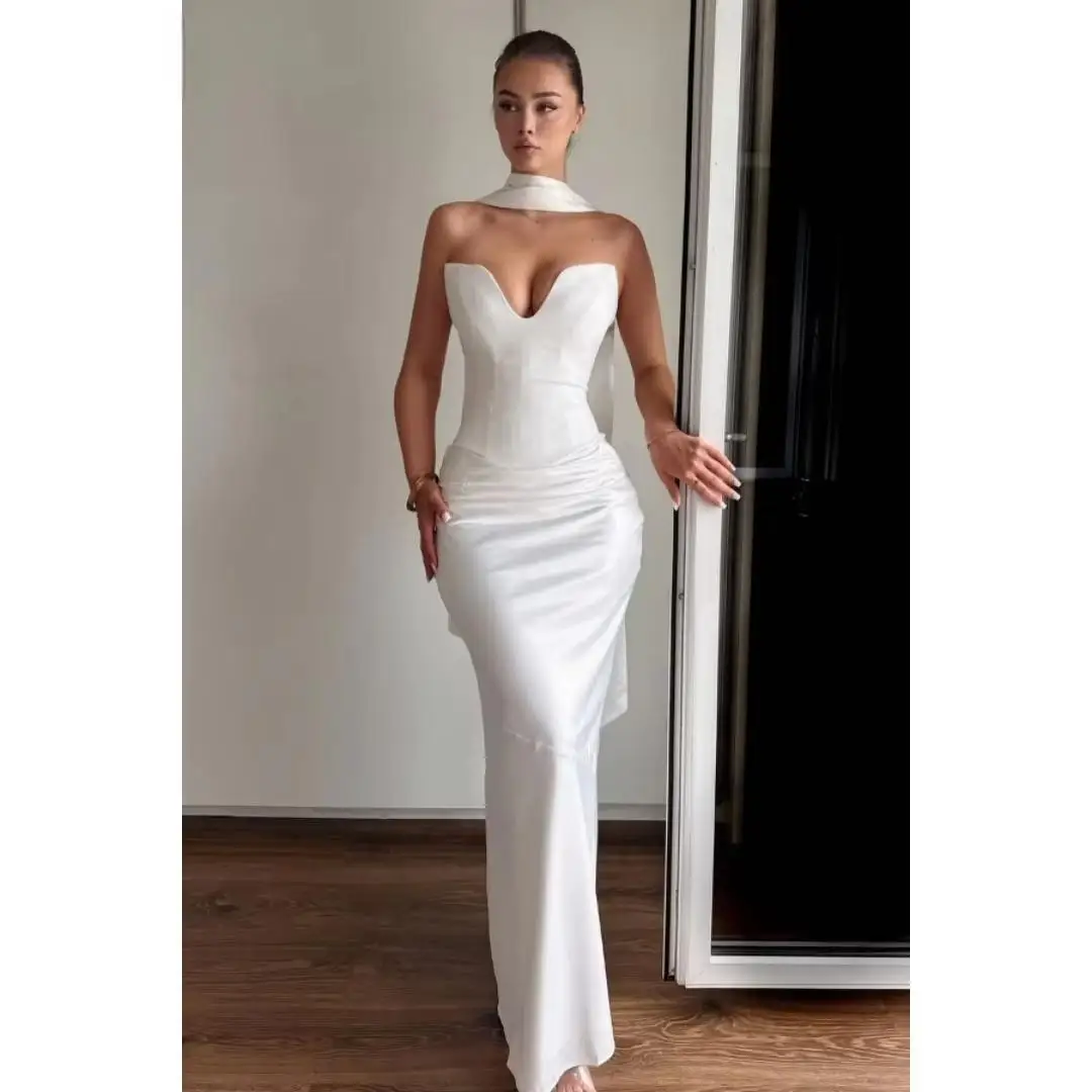 

White Strapless Evening Dresses 2025 Sleeveless Mermaid Backless Floor-Length Pleated Prom Dress Wedding Party Dress Customized