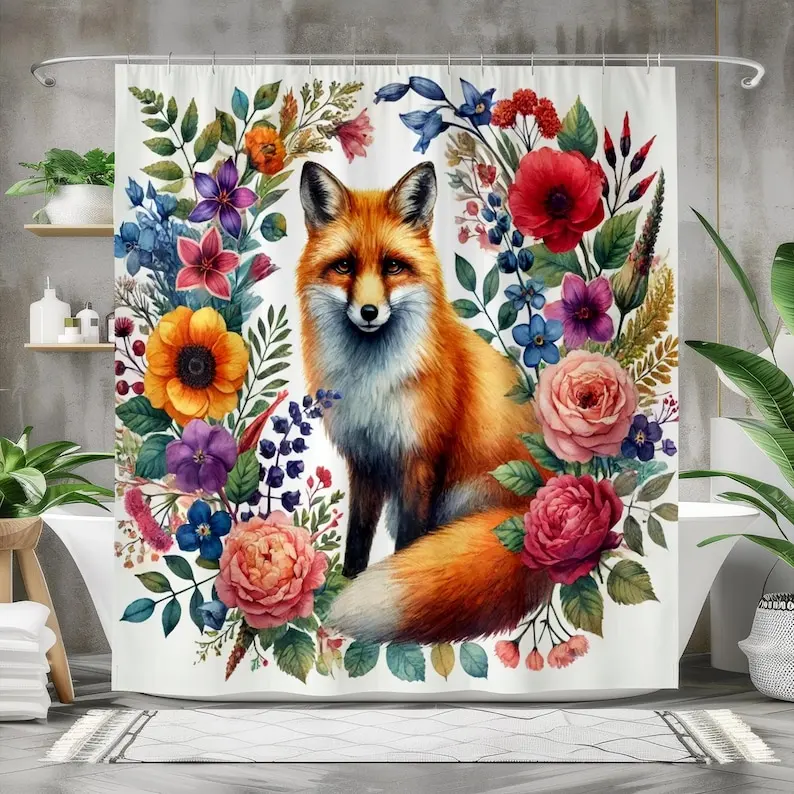 Red Fox Shower Curtain with Woodland Leaves and Berries, Realistic Forest Animal Bathroom Decor, Nature Art Polyester Curtain