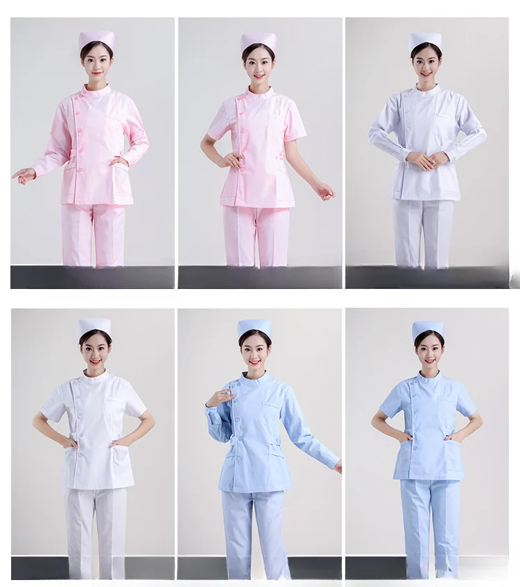 زي ممرضة نحيف بأكمام طويلة ، وردي ، أبيض ، أزرق ، بدلة منقسمة ، معطف مستشفى ، وزرة ، مختبر ، طبي ، طوق