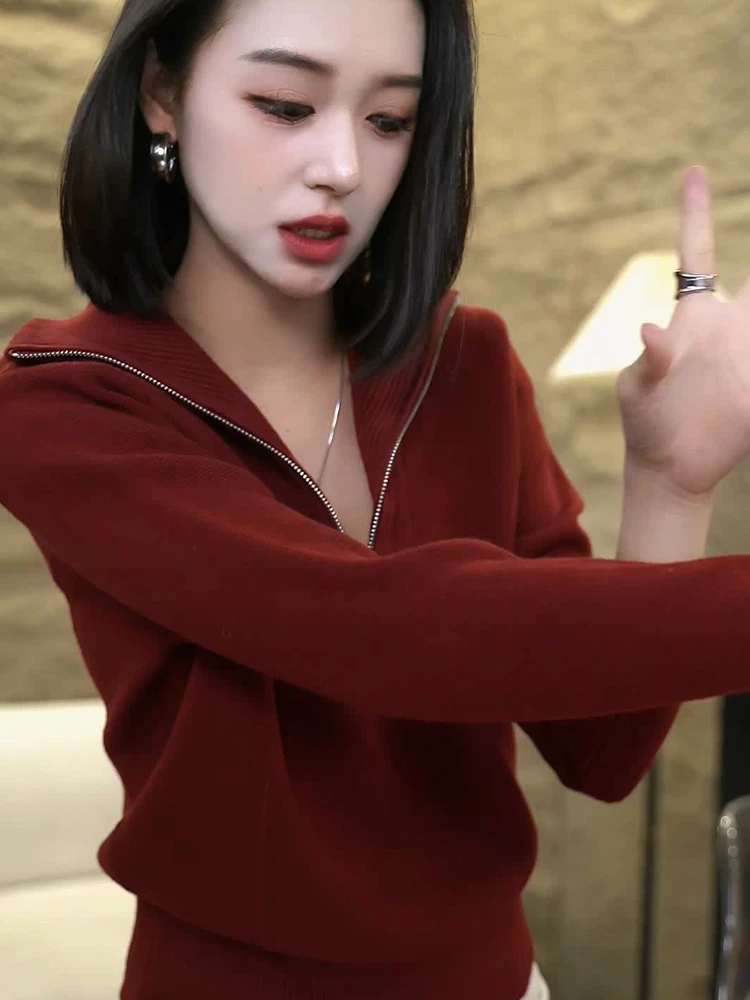 Faionable محبوك سترة المرأة f سستة الياقة ملابس داخلية التخسيس Sle جديد الخريف الشتاء فضفاضة تناسب مزدوجة سستة