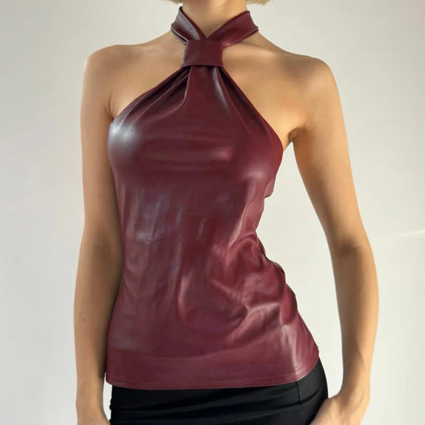

Sexy Spice Girl Wind Red Leather Neck Suspender Female Summer Slim and Skinny Temperament Lace-up Vest