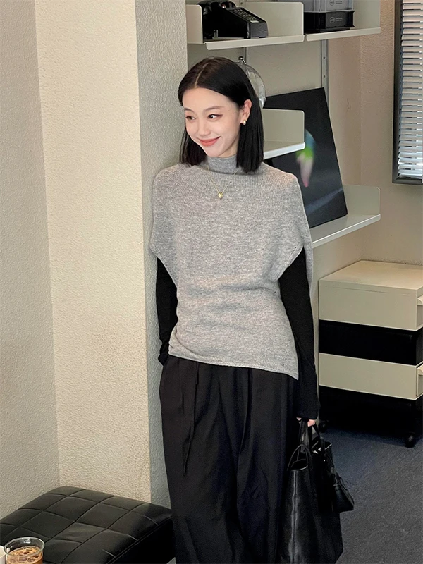 سترة نسائية كورية أنيقة وفريدة من نوعها، محبوكة عالية الجودة، للخريف والشتاء، ناعمة ومريحة، صدرية عصرية بياقة عالية