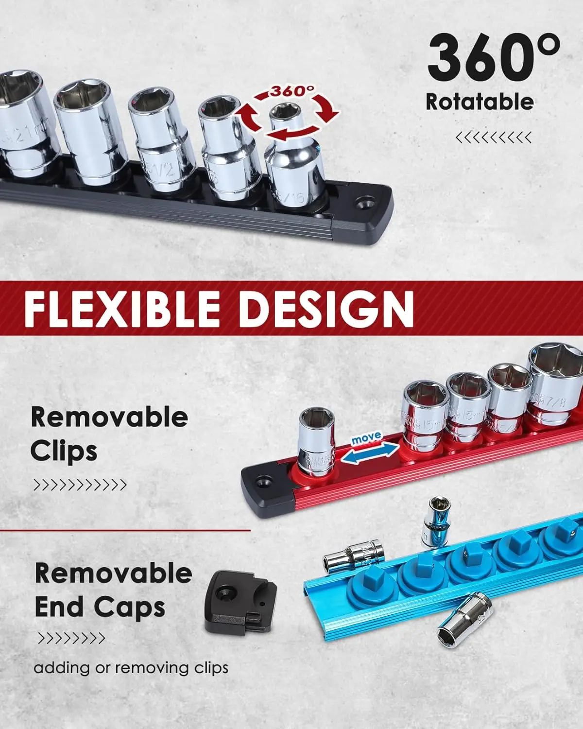 مجموعة منظم حامل المقبس المغناطيسي 8 قطع - 1/4، 3/8، 1/2 - صواني السكك الحديدية مقبس سبائك الألومنيوم لدرج صندوق الأدوات، شعبية جديدة #5