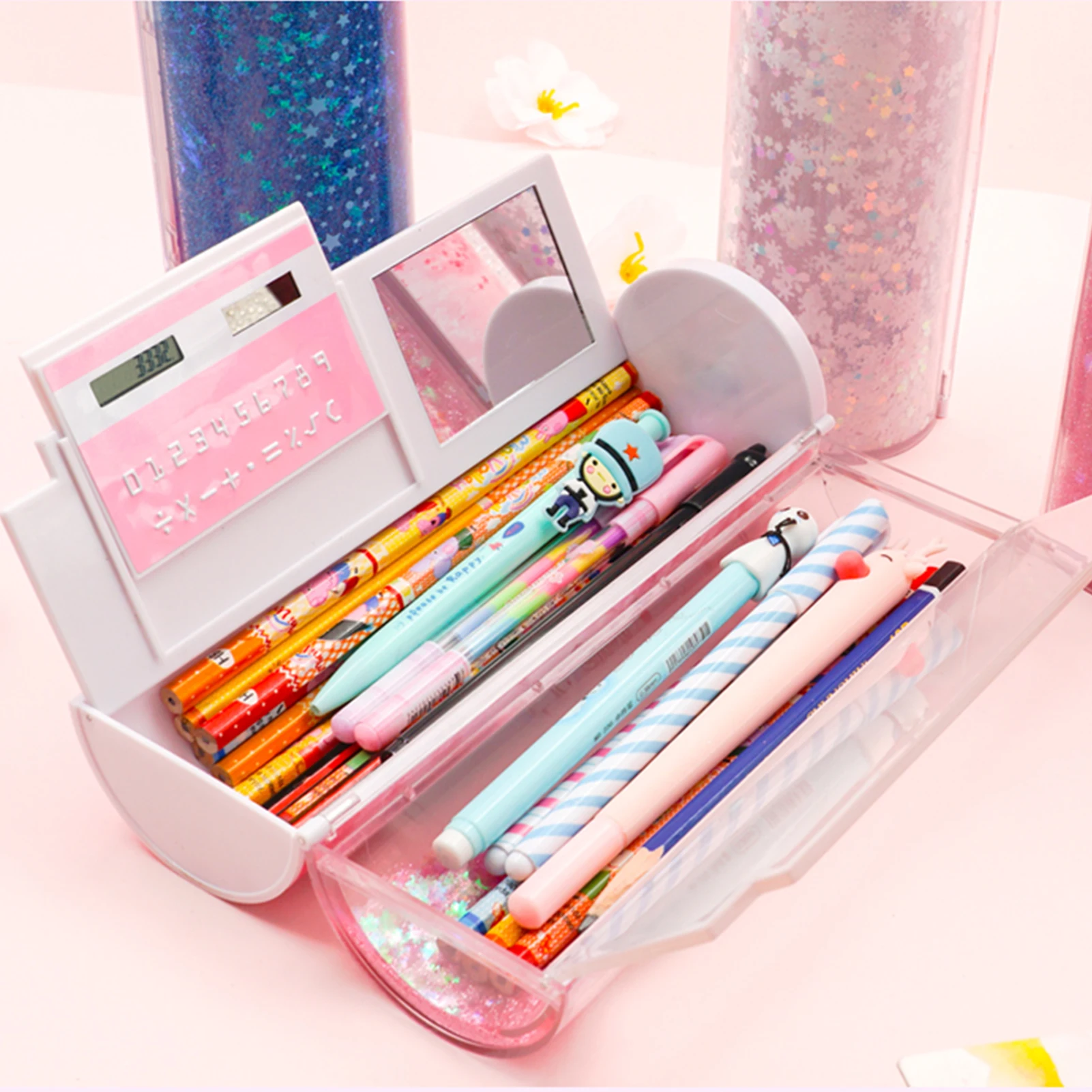 NBX Pencil Cases Multifunctional Standing Quicksand Pencil Case Organizer Double Layer Cylindrical Cute Pen Bag Holder & Mirror