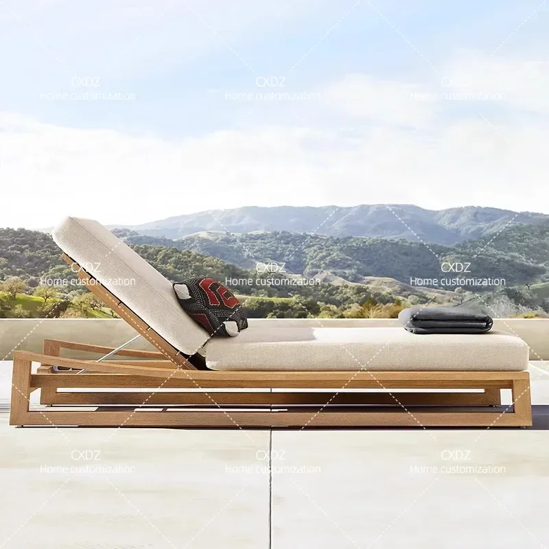 Outdoor Teak Wood Daybed for Villa Courtyard Swimming Pool Deck Garden Seaside Beach Solid Wood Lounge Chair