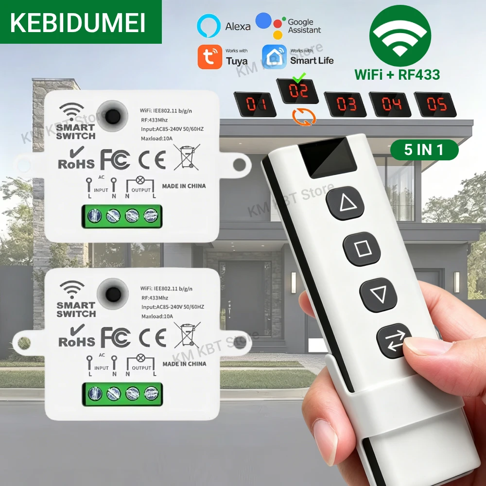 KEBIDUMEI Tuya WiFi RF433 Curtain Switch for Electric Roller Shutter Control Module 5-in-1 Remote Work with Alexa Google Home