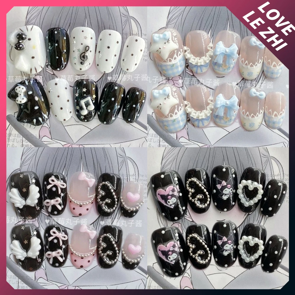 

10Pcs Sweet Cool Cartoon Animation Handmade Full Cover Nail Tips Bowknot Pearl Chain Pentagram Sequins Fake Nails Party Sticker