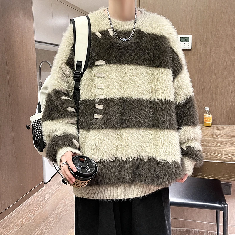 

New Arrival Men Sweater Autumn and Winter Soft Warm Striped Contrast Color Pullover Round-Neck Knitted Warm Sweaters D64