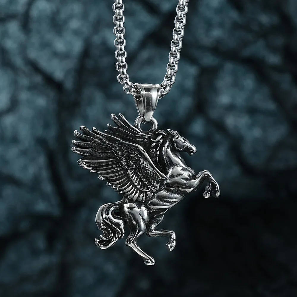 Vintage Greek Mythology Pegasus Pendant Necklace Men Punk Hip Hop Party Animal 316L Stainless Steel Necklace Jewelry Gift
