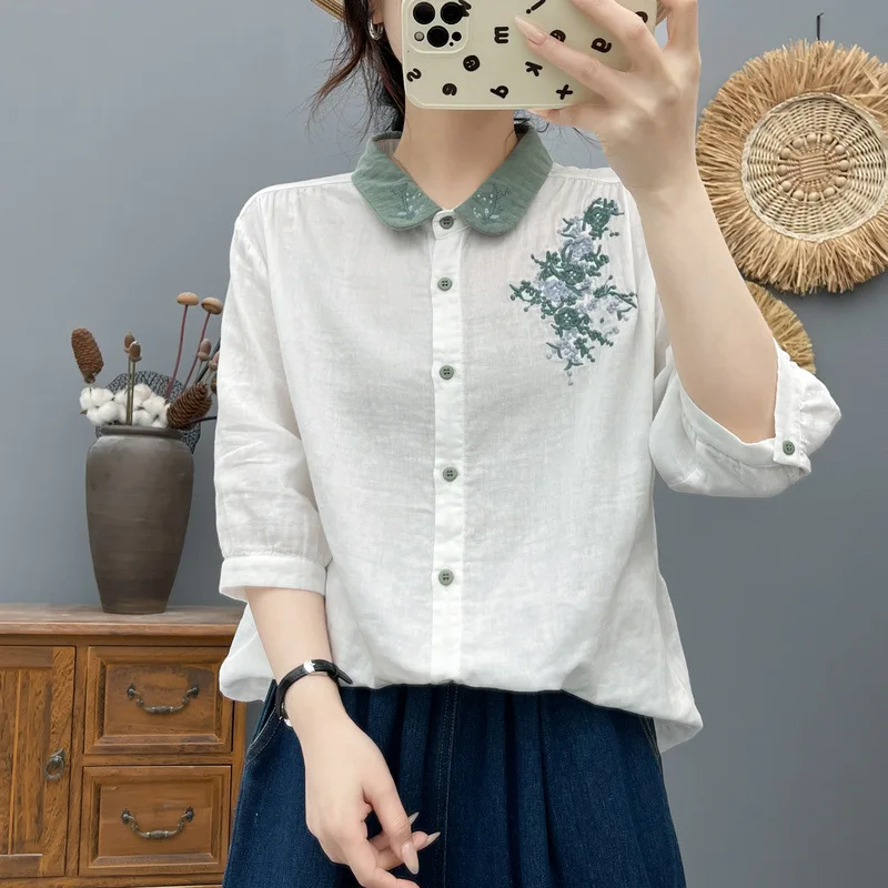 

Japanese Sweet Mori Girl Embroidery Patchwork Shirts Women Spring Summer Turn Down Collar Half Sleeve Casual Loose Blouse Tops