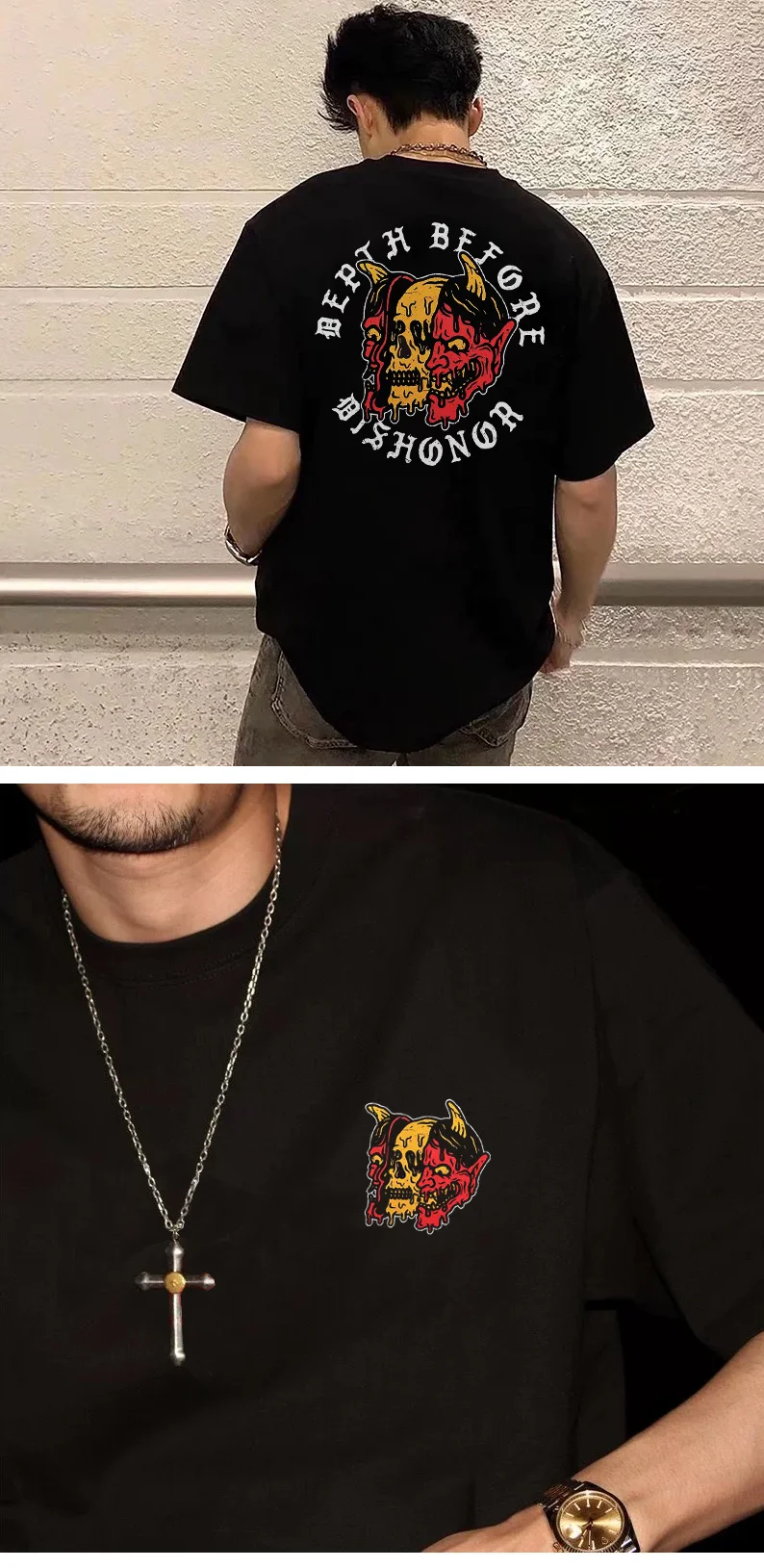 Herren-T-Shirt mit Totenkopf-Dämon-Print, lustiges Grafik-Design, Gothic-Schriftzüge, Y2K Streetwear, Baumwolle, Kurzarm, Oversize-Kleidung, Sommer – Detail 2