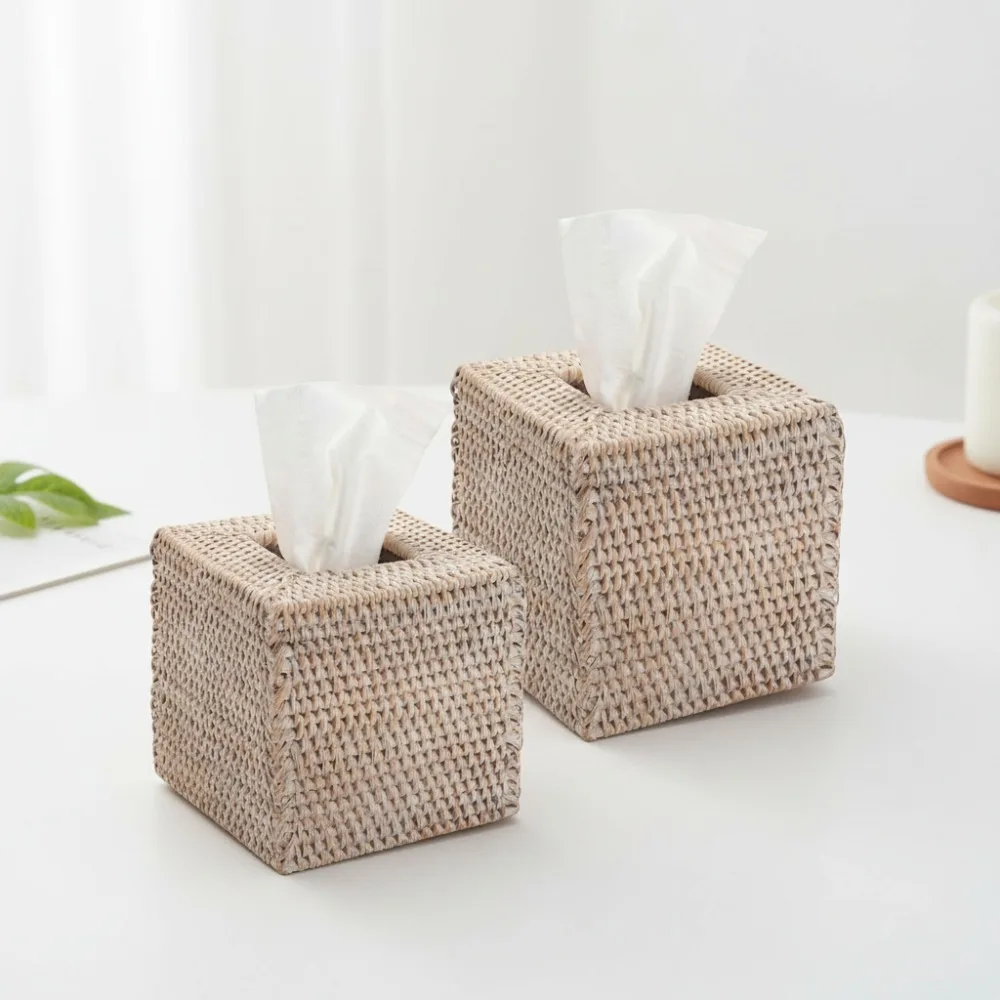 

2 Pack Rattan Tissue Box Cover, Wicker Holder for Bathroom Kitchen Living Room Bedroom Decor, Whitewash Finish