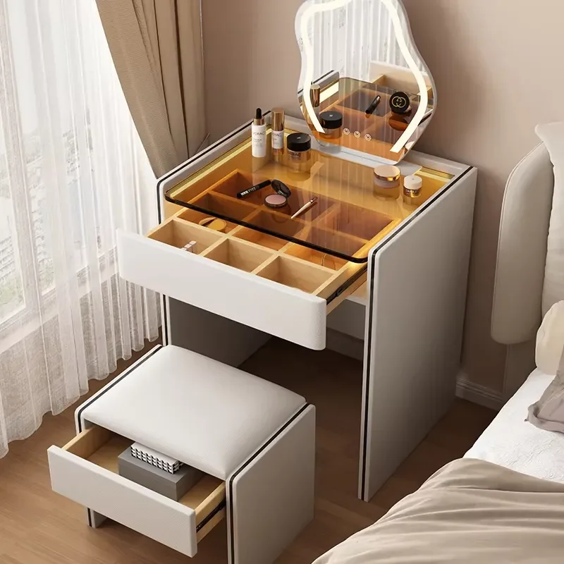 Modern Simple Wooden Bedroom Makeup Vanity Desk Dresser Set Furniture Home Wood Glass Dressing Table With Led Mirror