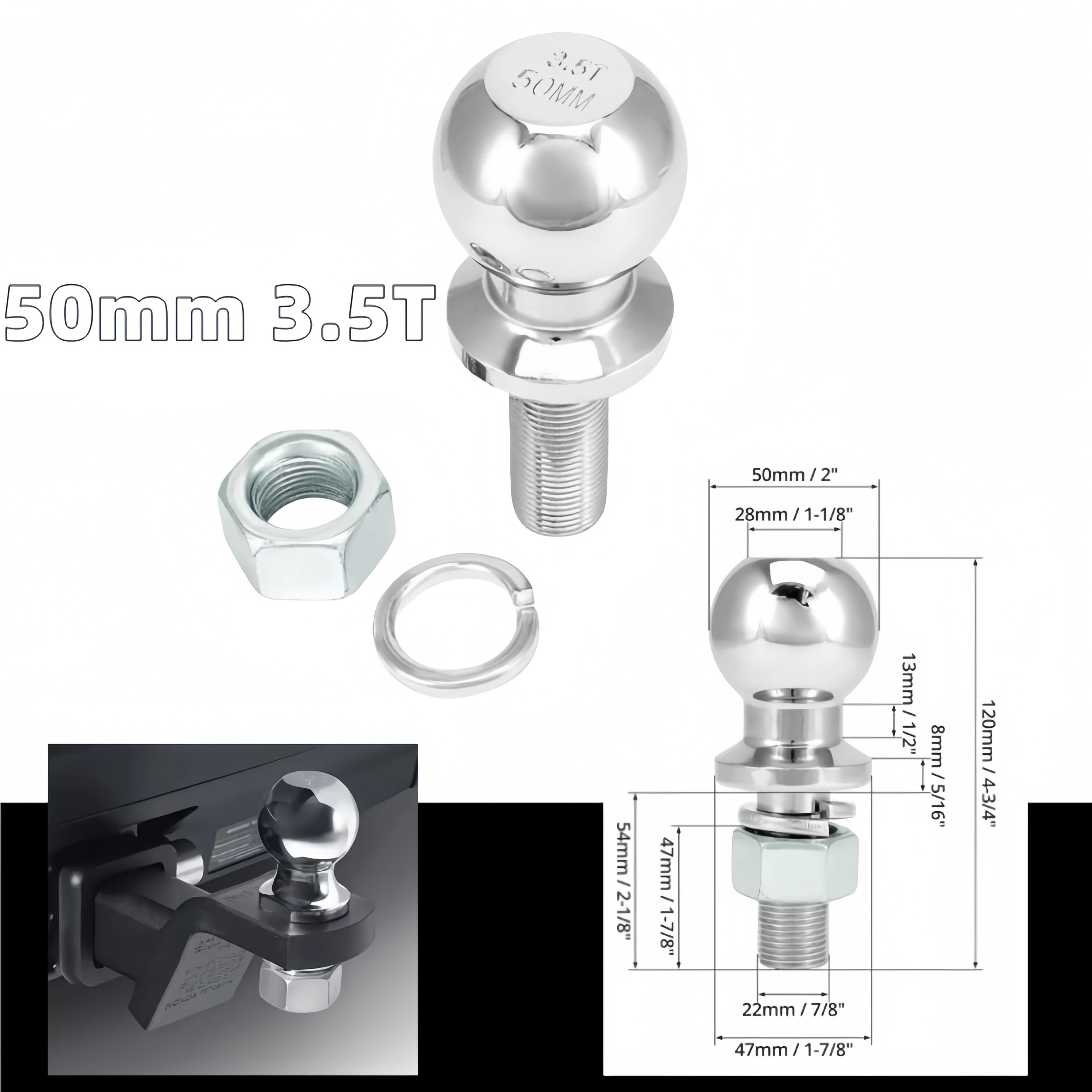 Professional 50mm Tow Ball Hitch Mount Coupling Shank M22 Thread Heavy Duty 3.5T RV Camper Boat Caravan Motorhome Towing Accese