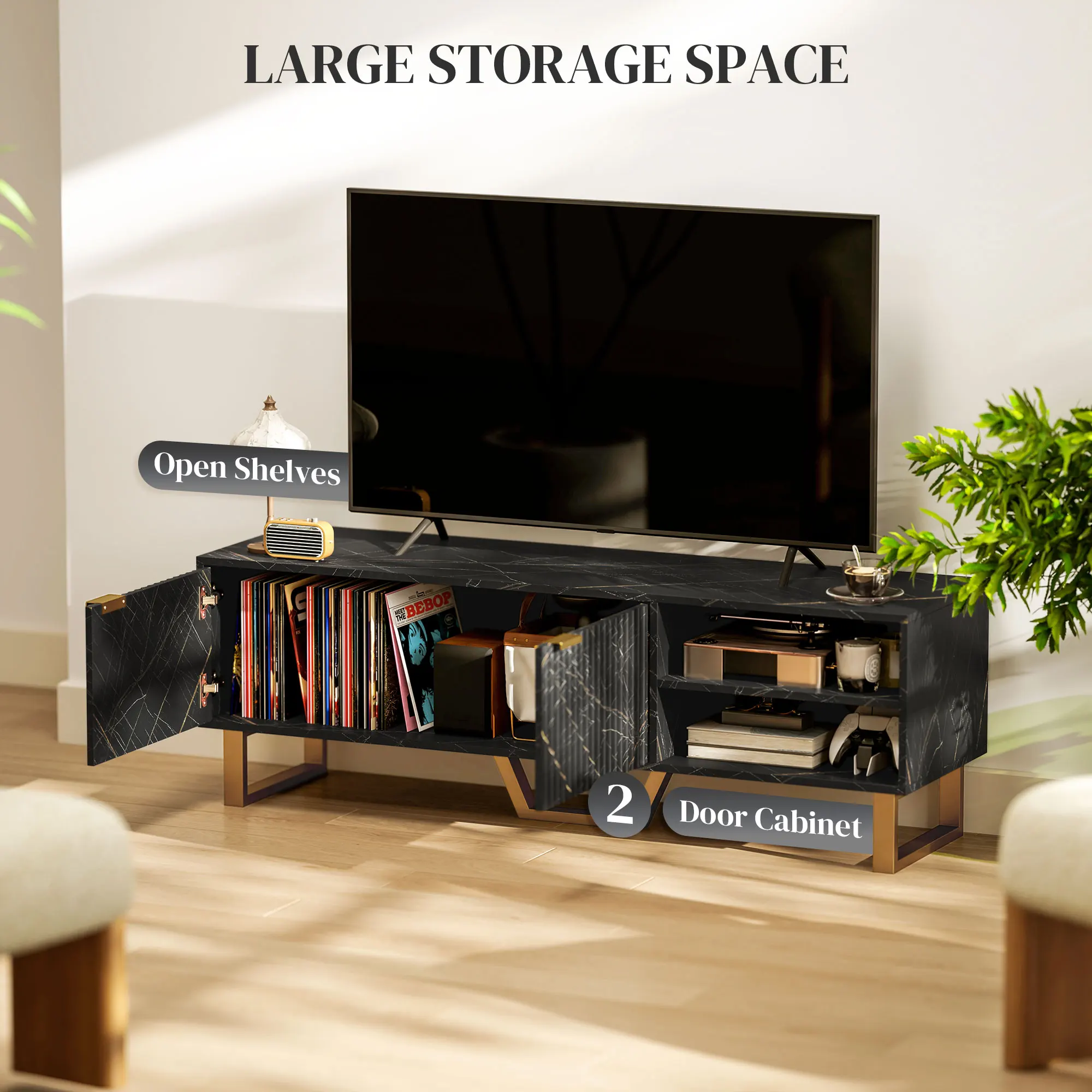 HOMCOM TV Unit, TV Stand Cabinet with Shelves and Storage Cupboard, Black