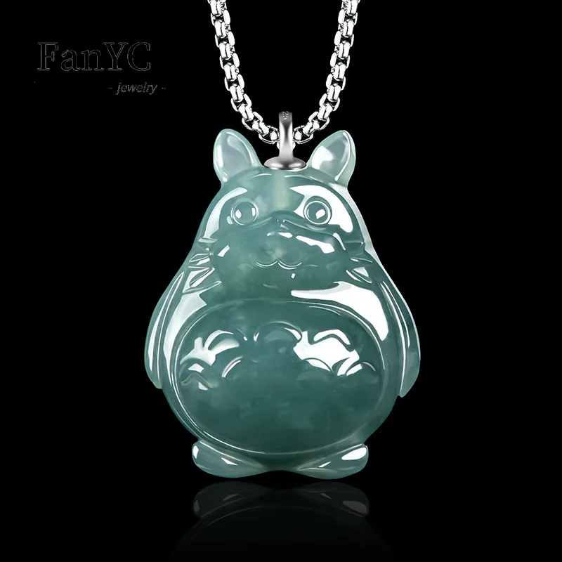 Myanmar Jadeite Blue Water Three-dimensional Totoro Cartoon Pendant Luxury Fashion Ice Type Jade Necklace Gift for Men and Women