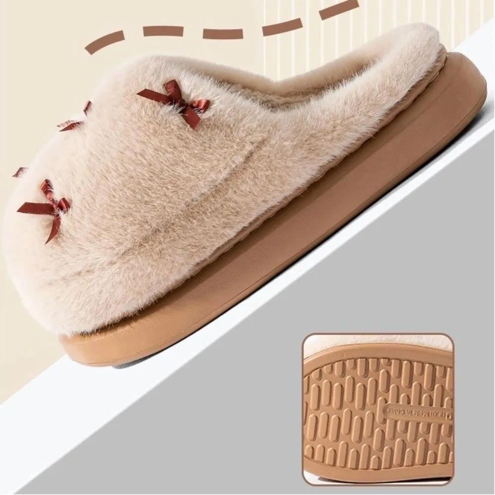 موضة القوس عقدة شبشب منزل الصوف الدافئ مع بطانة المرأة أحذية الملاعب المغطاة عدم الانزلاق سميكة داخلي رقيق النعال الشتاء #2