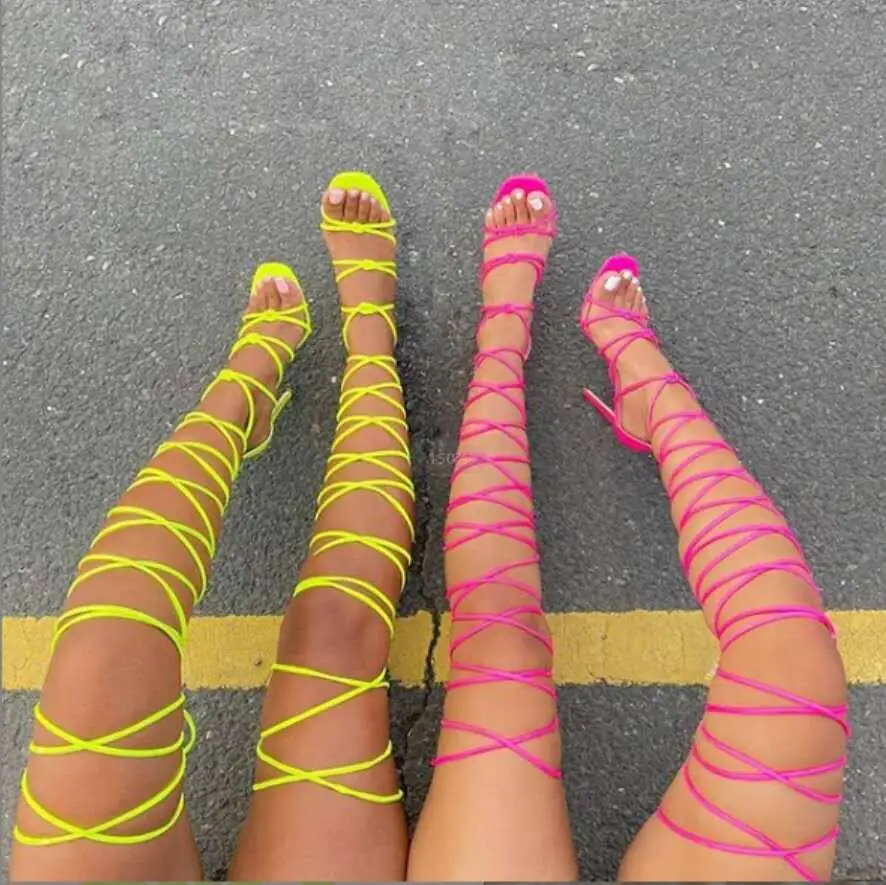 

Sexy Roman Cross Tied Thin High Heels Sandals Women Summer Candy Color Narrow Band Gladiators Sandals Boots