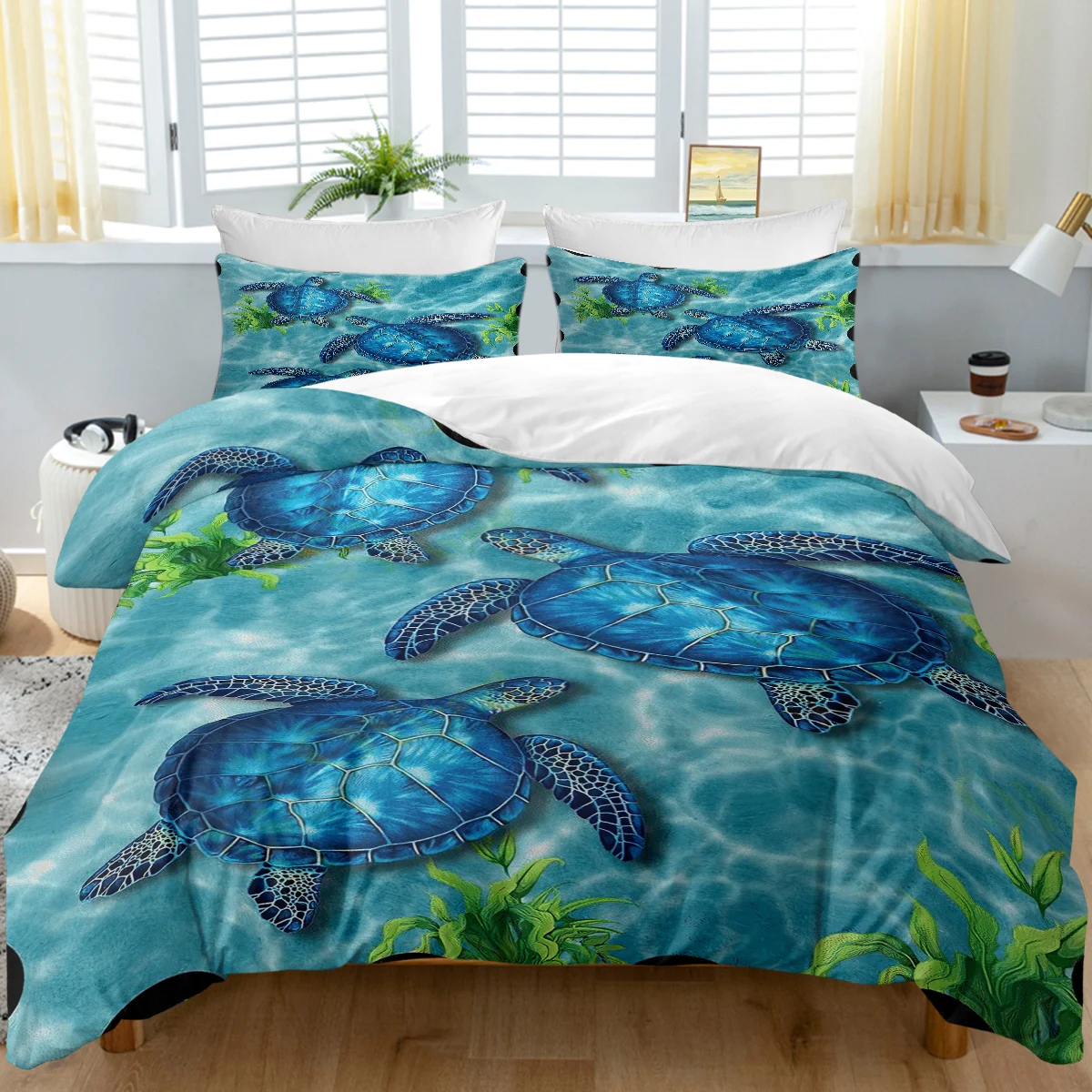 3pc Three Blue Sea Turtles Design Bedding Set Ocean Theme Quilt Cover with Zipper Closure 1 Duvet Cover and 2 Pillow Cases