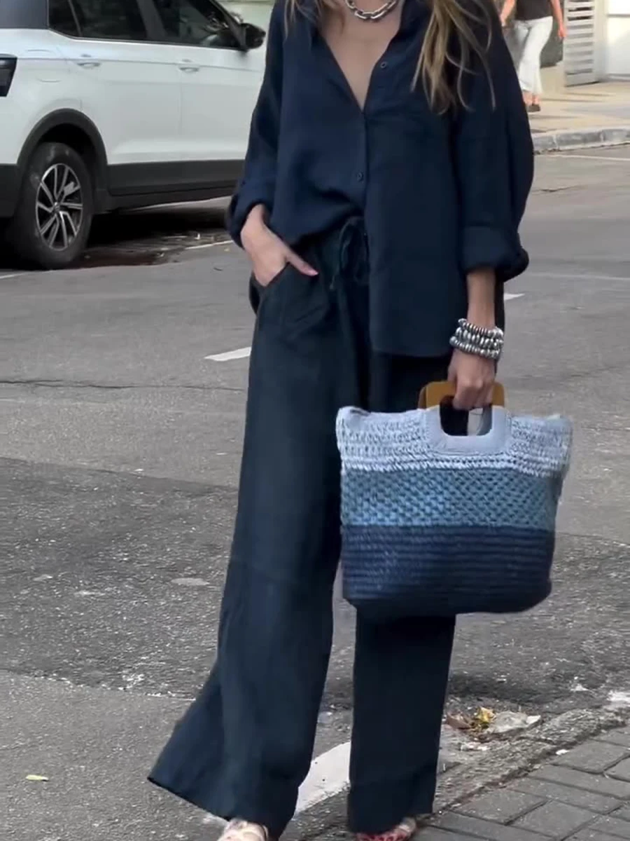 

Classic Solid Wide Leg Pants Sets Women Summer Single Breasted Long Sleeve Blouses Simple Casual Drawstring Trouser 2 Piece Set