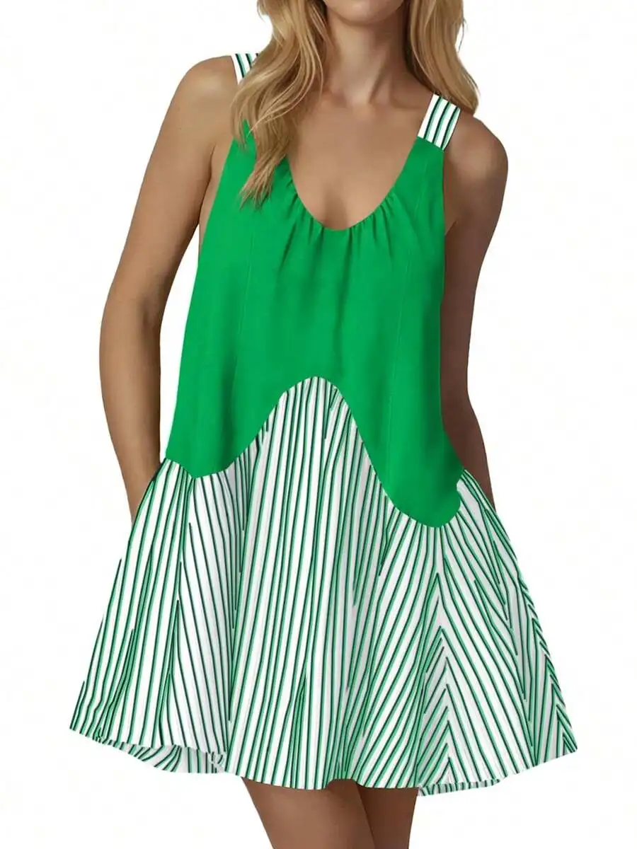 

Women Sleeveless V Neck Striped Patchwork A Line Mini Dress With Pockets