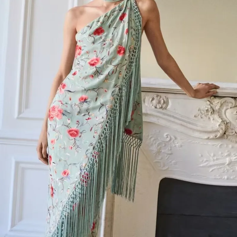 

Women's Clothing Fringe Trim Decorative Printed Scarf Collar Backless Dress Fashionable Comfortable White Dresses for Women