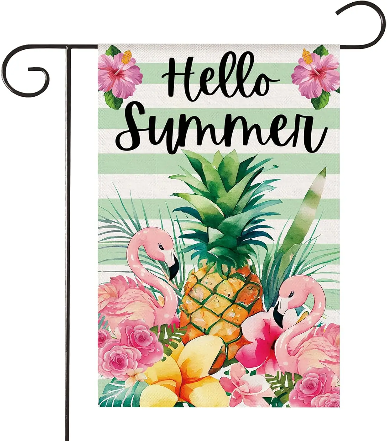 Hello Summer Garden Flag for Outside 12x18 Inch Flamingo Pineapple Tropical Floral Double Sided Welcome Stripes Small Yard F MMZ
