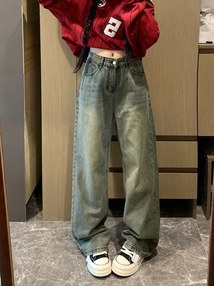 Frauen Einfarbig Gerade Klassische Dünne Jeans Vintage Denim Hosen Hohe Taille Casual Y2k Streetwear Cool Girl Vibe Hosen