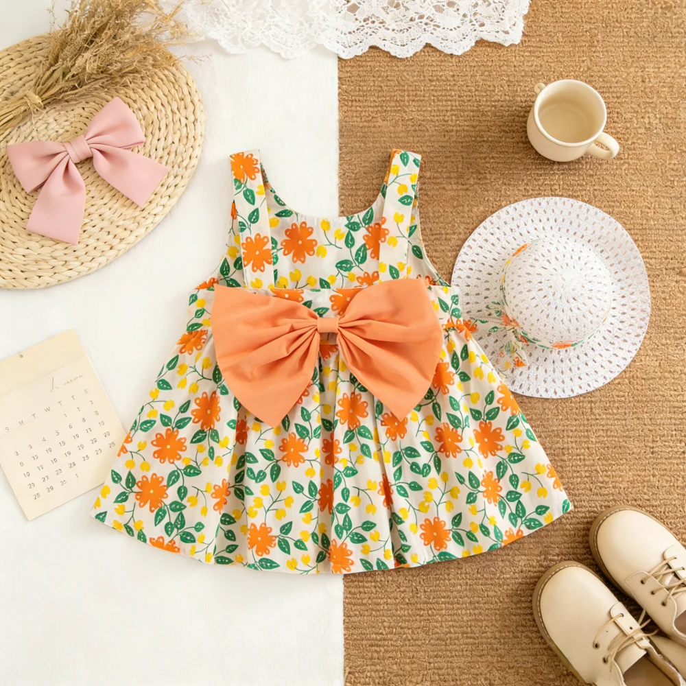 Baby Girls' Dress Summer Floral Bow Strap Girls' Dress Cute Beach Baby Dress Baby Girl Clothing