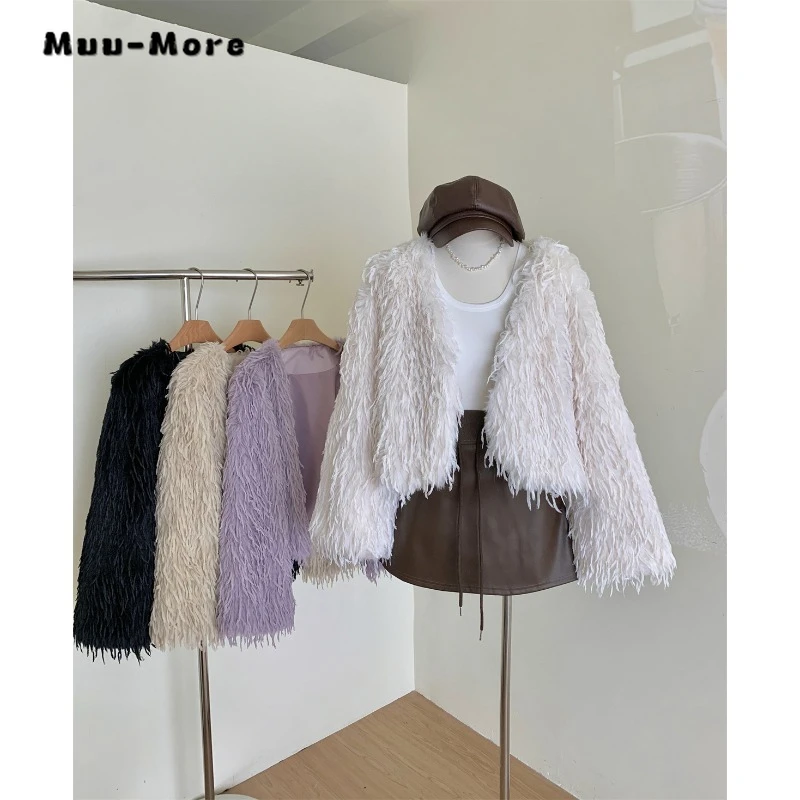 2023 Winter Korean Clubwear Style V-neck Wide Waisted Fur Jacket For Women Luxury Fashion Elegant Sexy Slim Warm Solid Coat