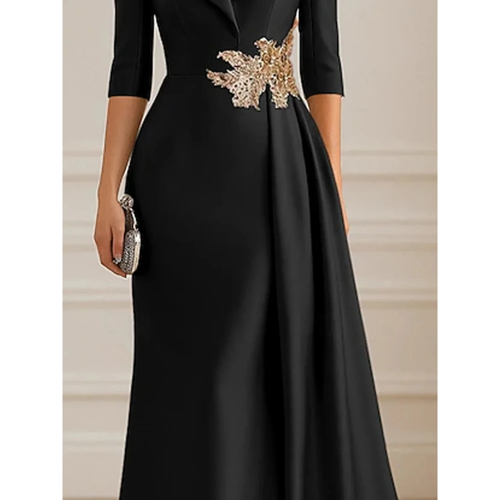 Black Formal Evening Dress Shirt Collar A Line Floor Length Half Sleeves Evening Gown Pleated Soft Satin Prom Dresses Customized image 3