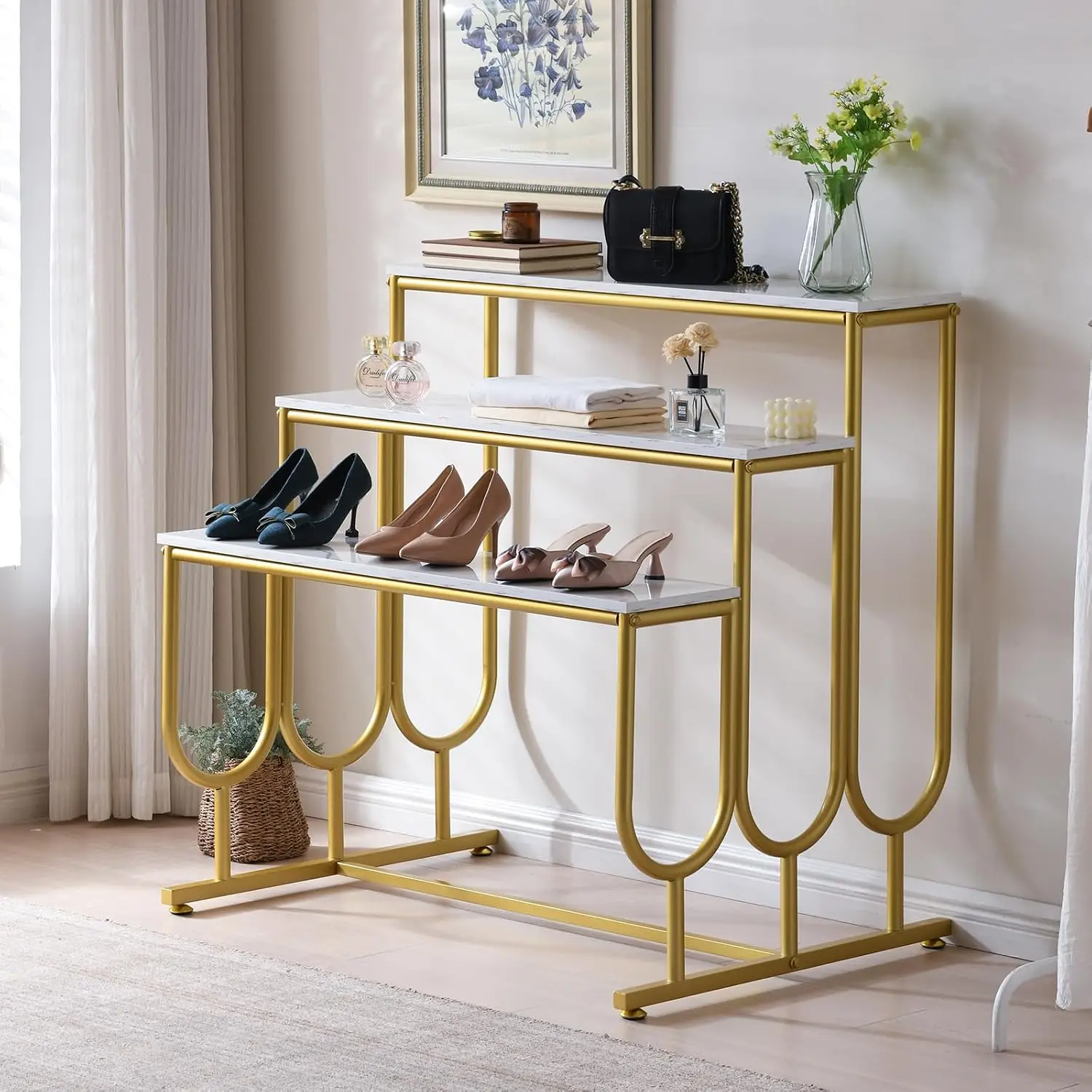 Heavy Duty Display Riser Stand, Tiered Shoes Bags Dolls, Display Table, Imitation marble Grain Planks Display Shelf(3 Tier)