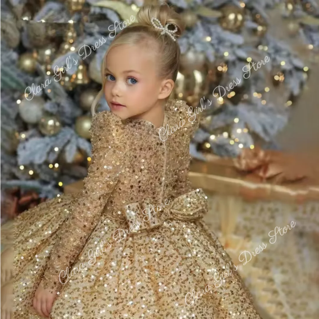 Великолепное платье с цветочным узором для девочек с блестками и длинными рукавами, пышное детское праздничное платье для девочек на свадьбу, день рождения, вечеринку, первое причастие