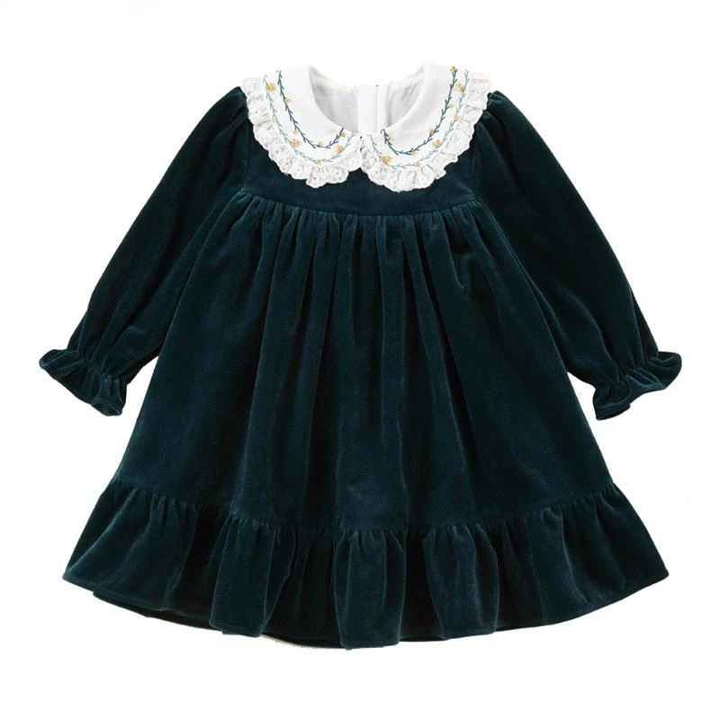 

Kids Girl Velvet Dress for Baby Autumn Infants Vintage Embroidery Loose Dresses Children Boutique First Birthday Outfits 1-8y