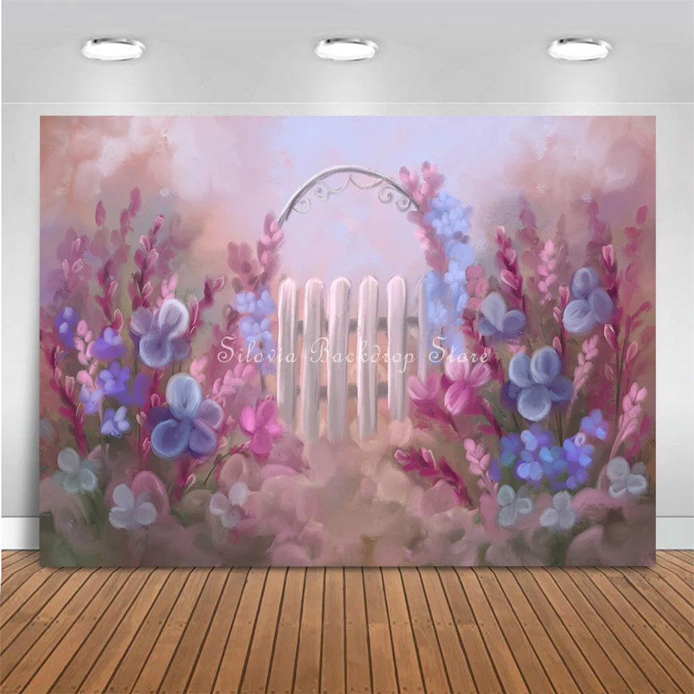 Romantic Gate Blooms Photo Background Spring Purple Flowers Dream Photography Backdrop Kids Portrait Photo Studio Props