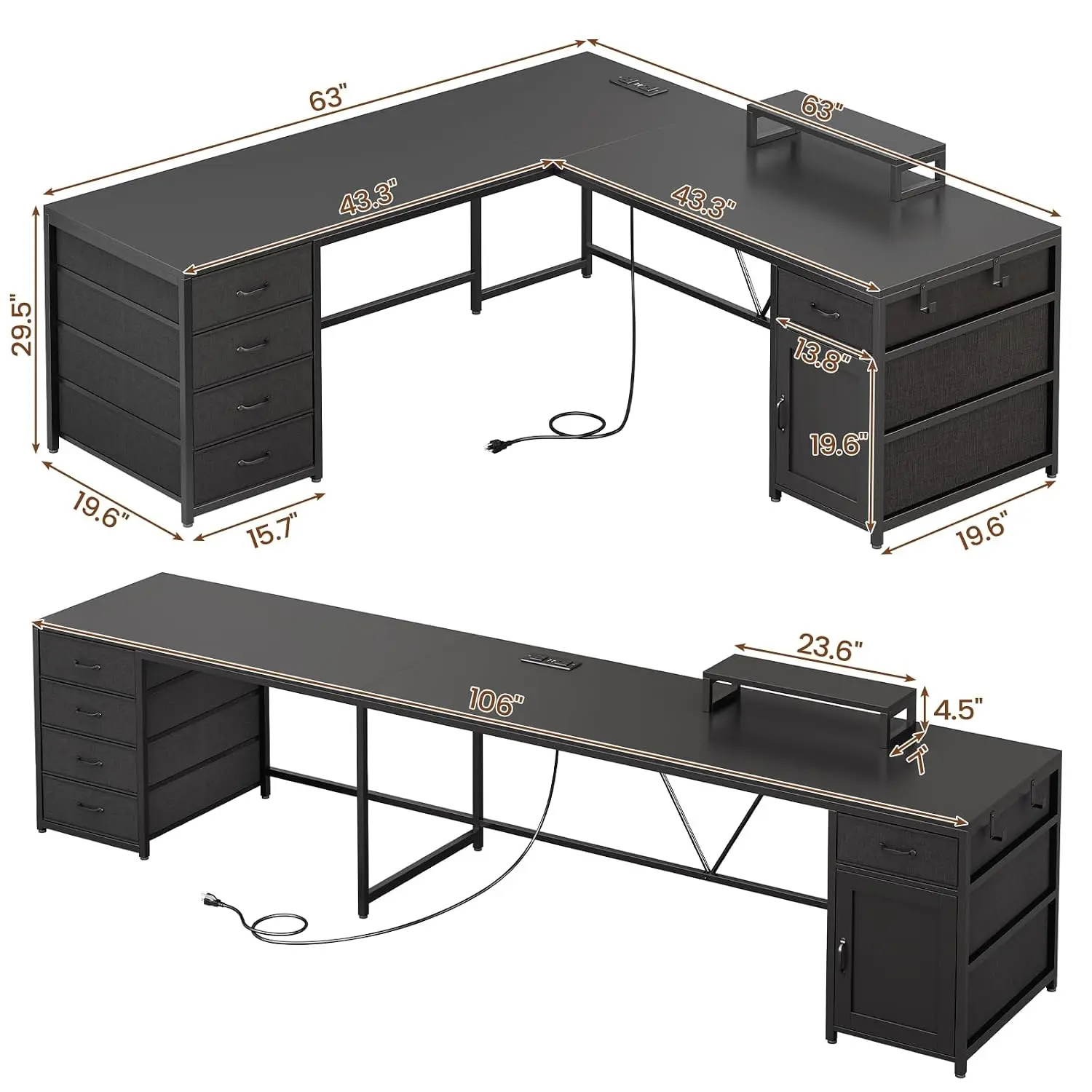 L Shaped Desk 5 Drawers Monitor Shelf, Power Outlet Storage Cabinet, Home Office Gaming Workstation, 63 Inch, Black, Customized