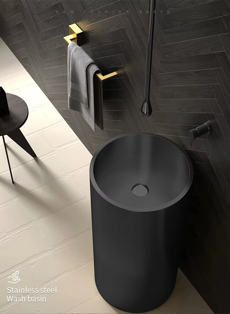 `Golden Brushed Stainless Steel Freestanding Pedestal Sink Round Floor‑Standing Wash Basin Integrated One‑Piece Column Sink for