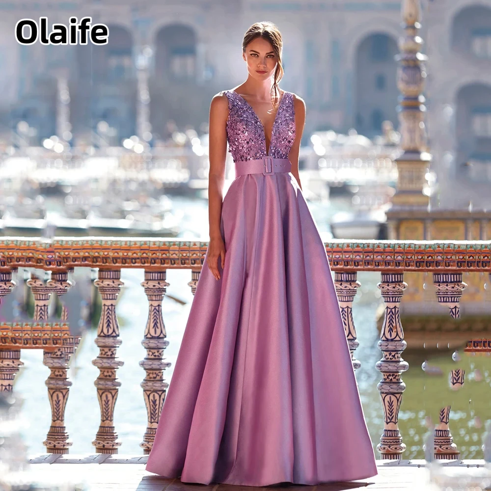 Olaife Mother of the Bride Dresses V Neck Satin Sequined Floor-Length A-Line Wedding Party Gowns