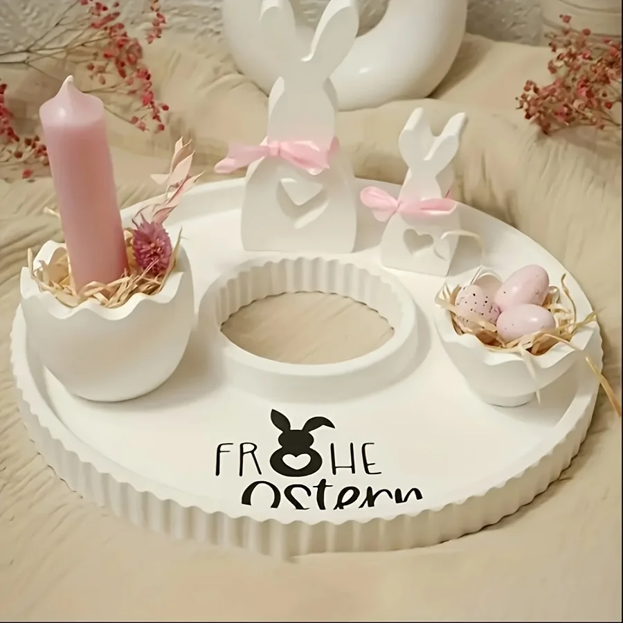 4pcs Easter Silicone Mold Set: Bunny, Eggshell & Striped Tray for DIY Gypsum Decor - Home Tabletop Art & Holiday Craft Kit