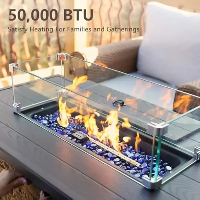43 Inch Rectangular Outdoor Fire Pit Table with CSA Certified Propane Burner Delivering 50000 BTU Heat Output Faux Stone Surface