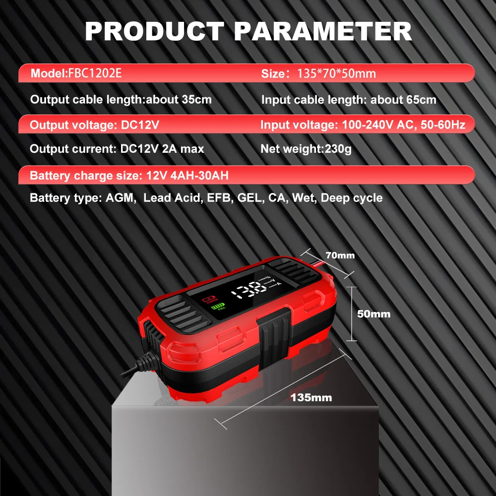 Intelligentes Batterieladegerät, digitales Batterie-Wartungsgerät für Blei-Säure-Batterien, zum Laden von Auto-, Motorrad- und Rollerbatterien – Detail 5
